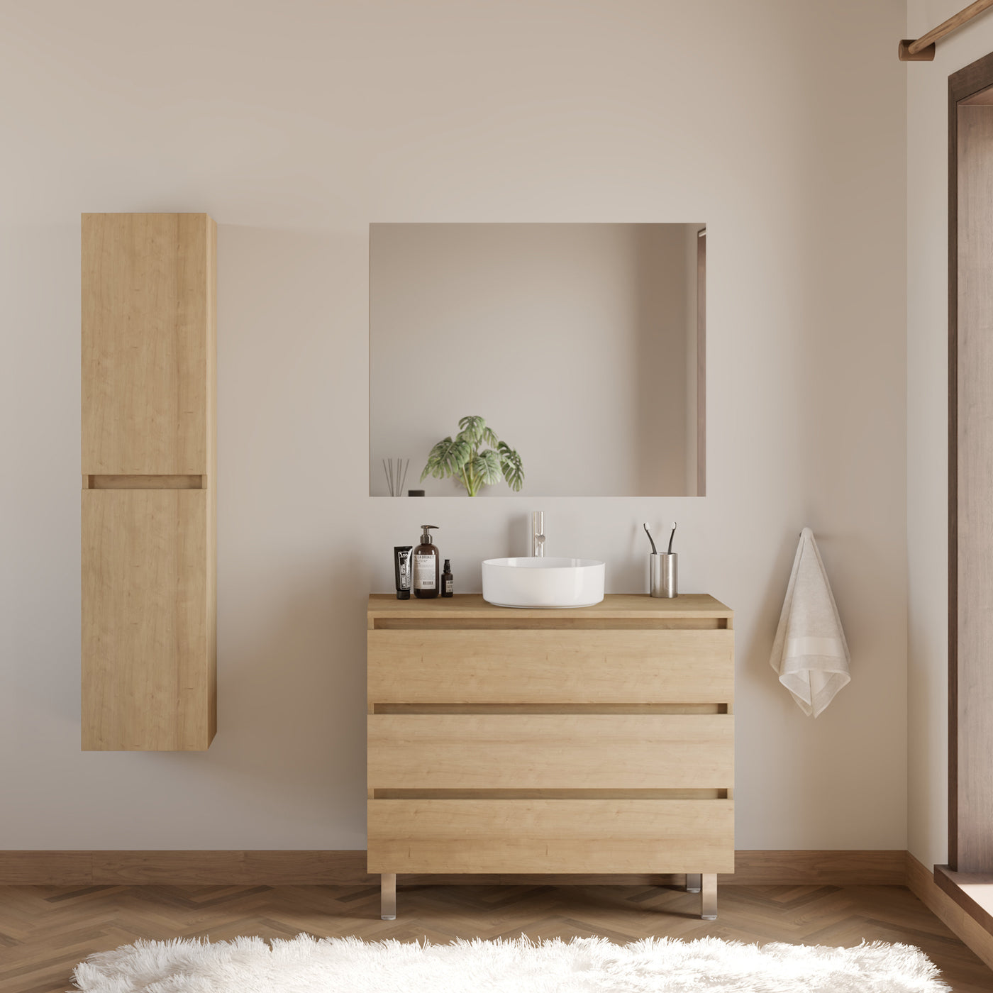 Meuble de salle de bain 100cm avec plateau et vasque à poser ronde - 3 tiroirs - sans miroir - MAYOR