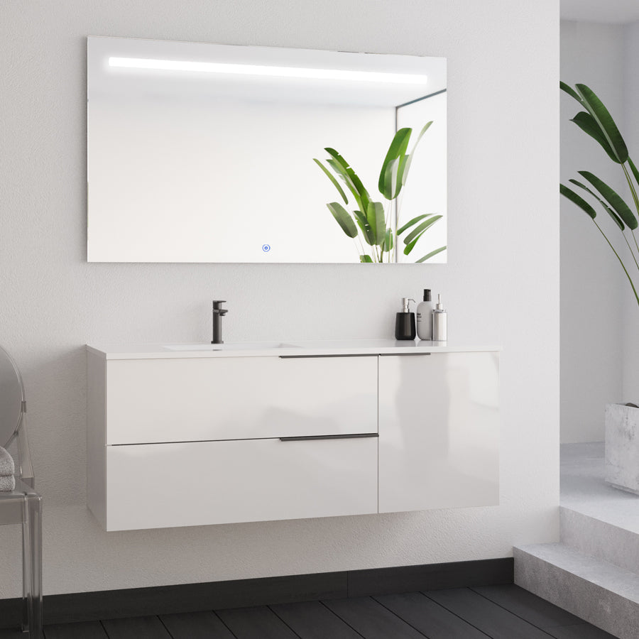 Meuble de salle de bain 120cm avec vasque déportée - 2 tiroirs et un placard - blanc laqué - KING et miroir STAM