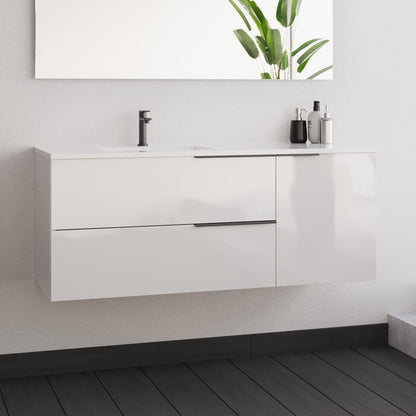Meuble de salle de bain 120cm avec vasque déportée - 2 tiroirs et un placard - blanc laqué - KING et miroir STAM