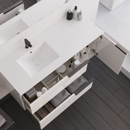 Meuble de salle de bain 120cm avec vasque déportée - 2 tiroirs et un placard - blanc laqué - KING et miroir STAM