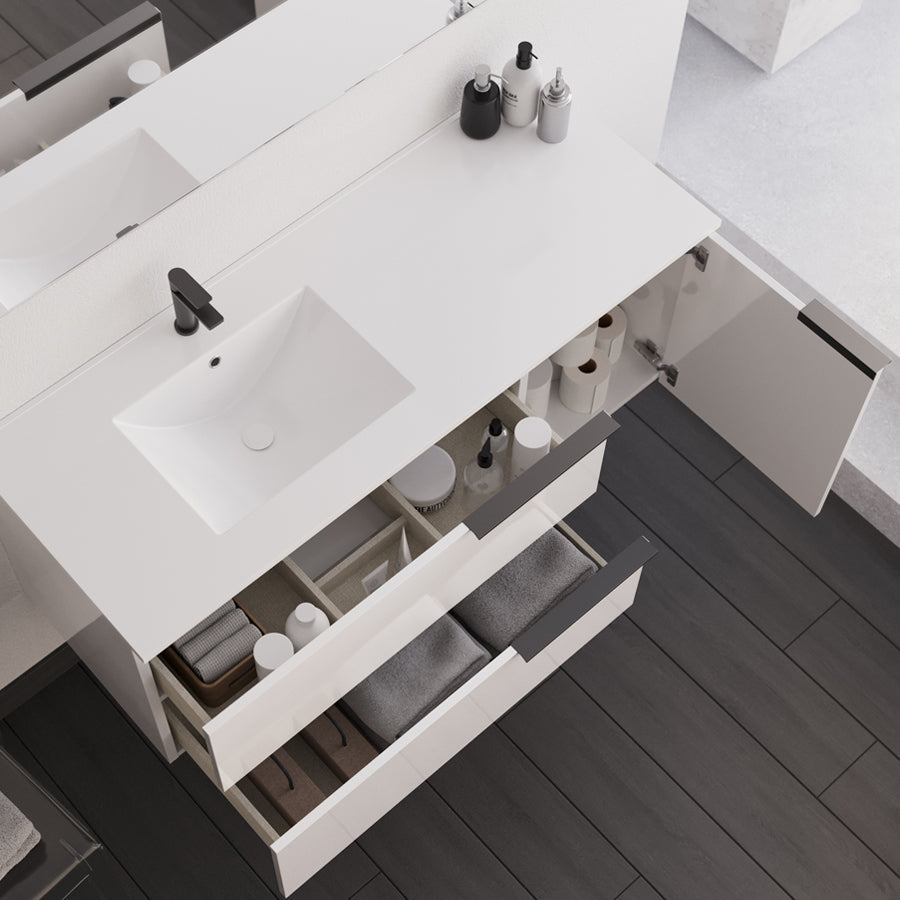 Meuble de salle de bain 120cm avec vasque déportée - 2 tiroirs et un placard - blanc laqué - KING