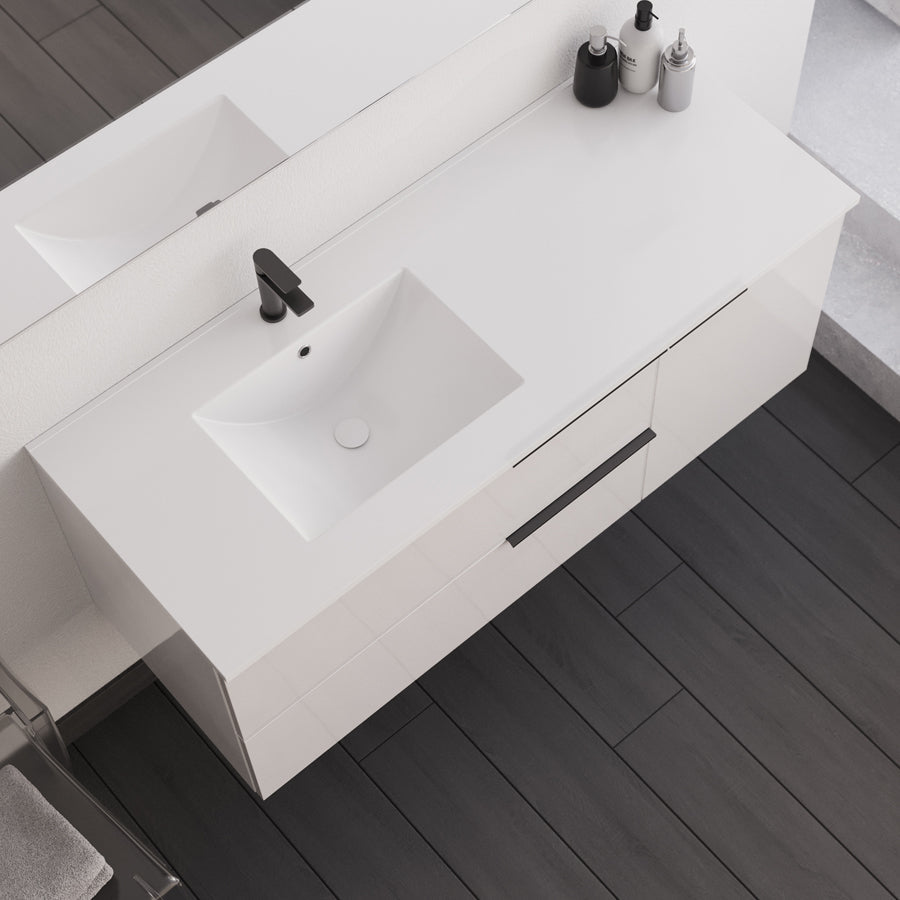 Meuble de salle de bain 120cm avec vasque déportée - 2 tiroirs et un placard - blanc laqué - KING