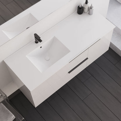 Meuble de salle de bain 120cm avec vasque déportée - 2 tiroirs et un placard - blanc laqué - KING