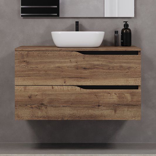 Meuble de salle de bain 100cm avec plateau et vasque à poser zeus - sans miroir - 2 tiroirs - LUNA