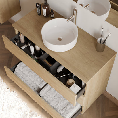 Meuble de salle de bain 100cm avec plateau et vasque à poser ronde - 3 tiroirs - MAYOR