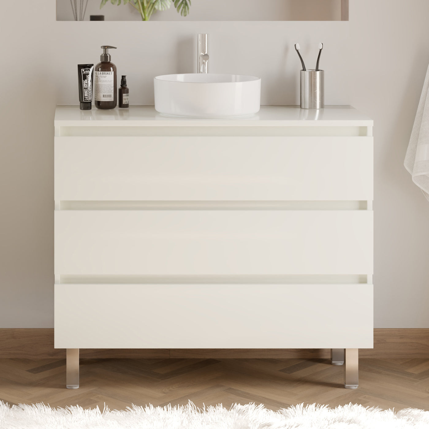 Meuble de salle de bain 100cm avec plateau et vasque à poser ronde - 3 tiroirs - sans miroir - MAYOR