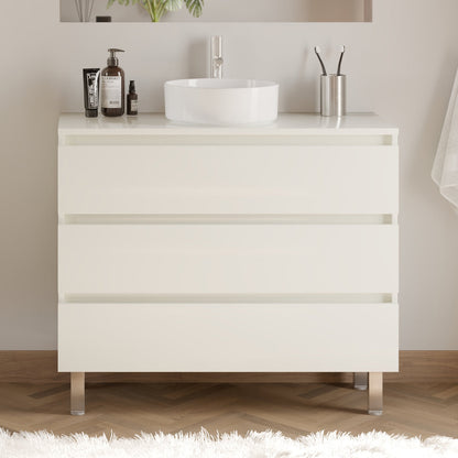 Meuble de salle de bain 100cm avec plateau et vasque à poser ronde - 3 tiroirs - MAYOR