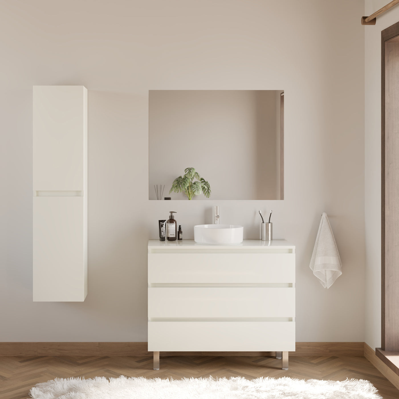 Meuble de salle de bain 100cm avec plateau et vasque à poser ronde - 3 tiroirs - sans miroir - MAYOR