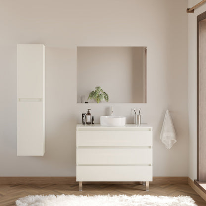 Meuble de salle de bain 100cm avec plateau et vasque à poser ronde - 3 tiroirs - sans miroir - MAYOR