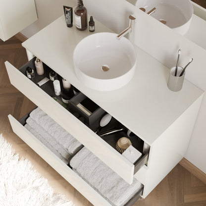 Meuble de salle de bain 100cm avec plateau et vasque à poser ronde - 3 tiroirs - sans miroir - MAYOR