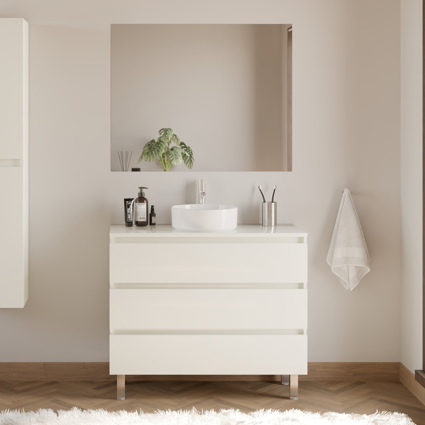 Meuble de salle de bain 100cm avec plateau et vasque à poser ronde - 3 tiroirs - MAYOR
