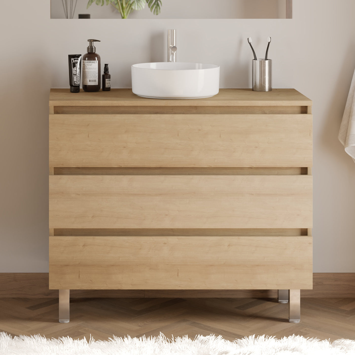 Meuble de salle de bain 100cm avec plateau et vasque à poser ronde - 3 tiroirs - MAYOR