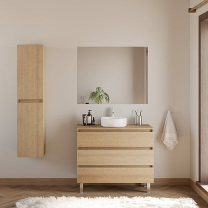 Meuble de salle de bain 100cm avec plateau et vasque à poser ronde - 3 tiroirs - sans miroir - MAYOR
