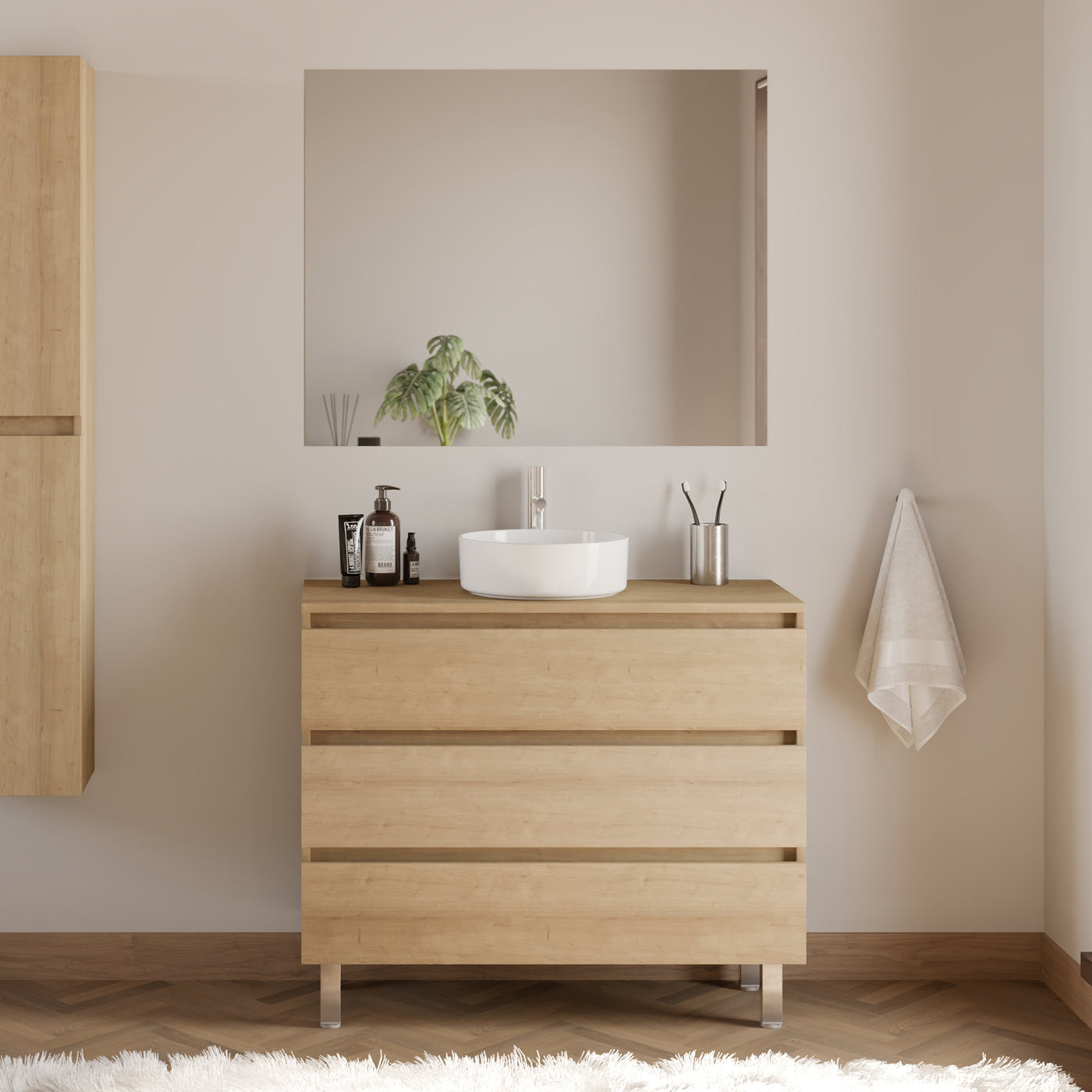 Meuble de salle de bain 100cm avec plateau et vasque à poser ronde - 3 tiroirs - sans miroir - MAYOR