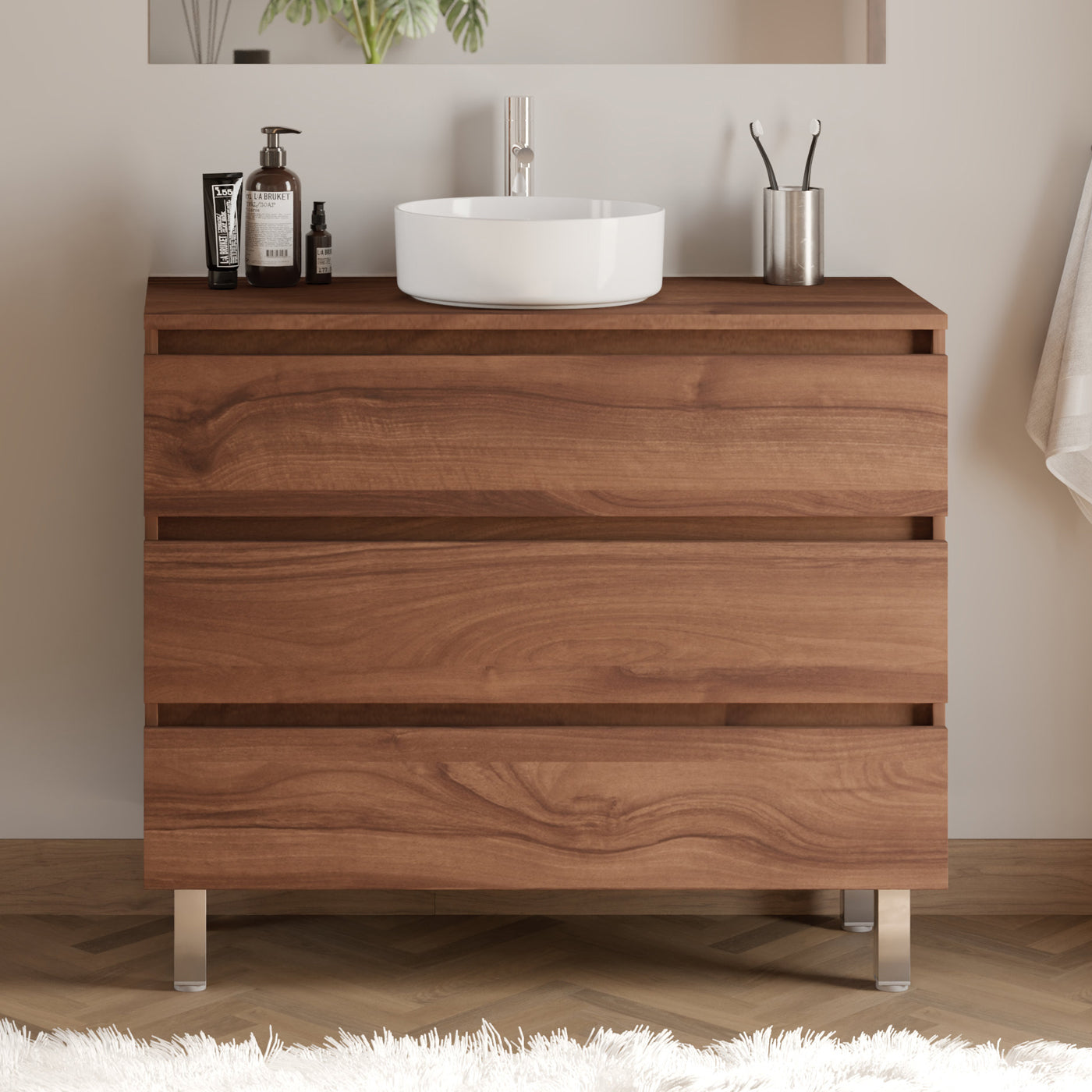 Meuble de salle de bain 100cm avec plateau et vasque à poser ronde - 3 tiroirs - MAYOR