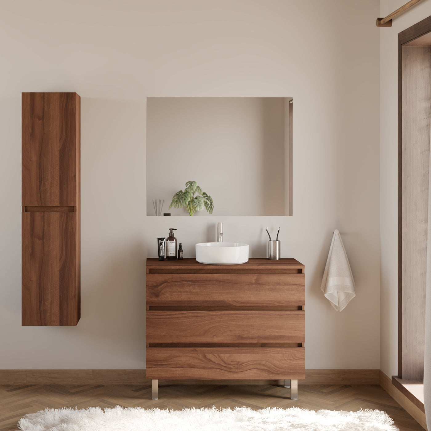 Meuble de salle de bain 100cm avec plateau et vasque à poser ronde - 3 tiroirs - MAYOR