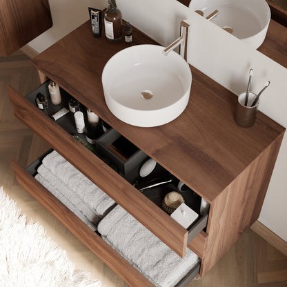 Meuble de salle de bain 100cm avec plateau et vasque à poser ronde - 3 tiroirs - sans miroir - MAYOR
