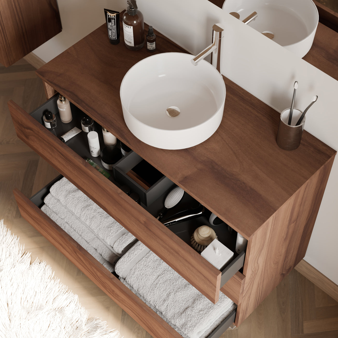 Meuble de salle de bain 100cm avec plateau et vasque à poser ronde - 3 tiroirs - MAYOR