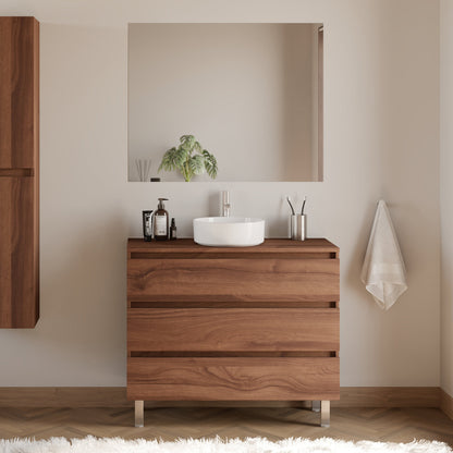 Meuble de salle de bain 100cm avec plateau et vasque à poser ronde - 3 tiroirs - sans miroir - MAYOR