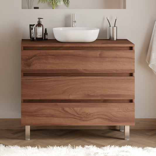 Meuble de salle de bain 100cm avec plateau et vasque à poser arrondie - 3 tiroirs - sans miroir - MAYOR