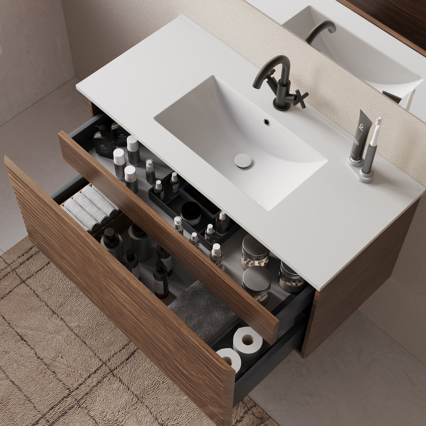Meuble de salle de bain 100cm simple vasque - 2 tiroirs - SUZA