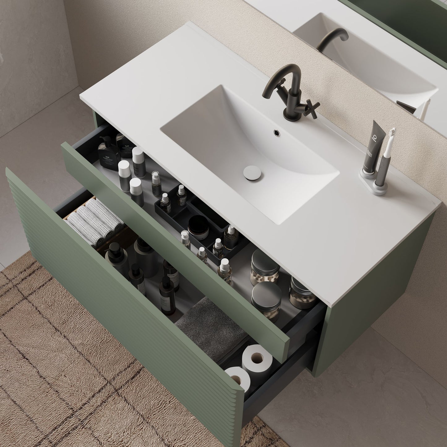 Meuble de salle de bain 100cm simple vasque - 2 tiroirs - SUZA