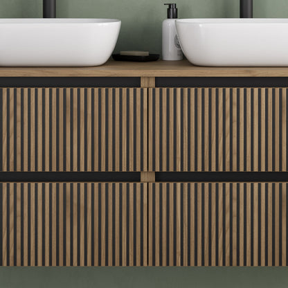 Meuble de salle de bain 140cm avec plateau et 2 vasques à poser arrondies - 4 tiroirs - sans miroir - VENERIA