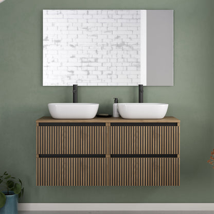 Meuble de salle de bain 140cm avec plateau et 2 vasques à poser arrondies - 4 tiroirs - sans miroir - VENERIA
