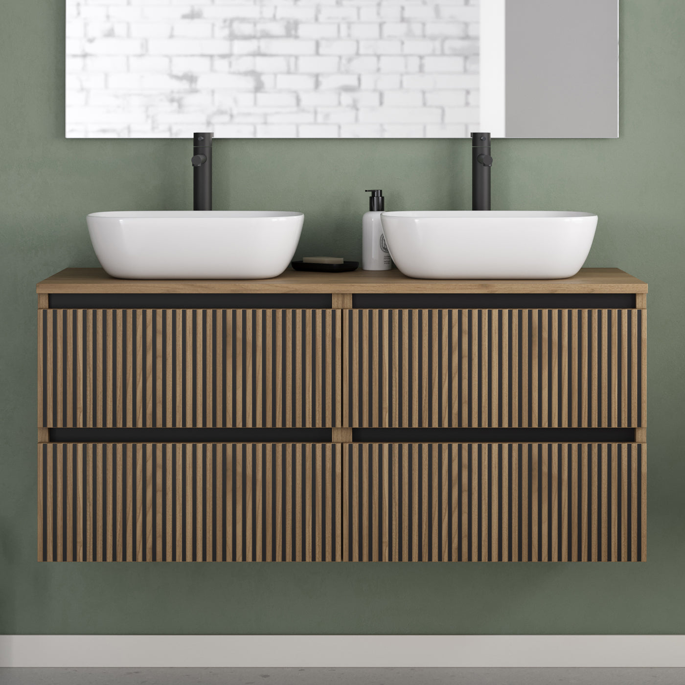 Meuble de salle de bain 140cm avec plateau et 2 vasques à poser arrondies - 4 tiroirs - sans miroir - VENERIA