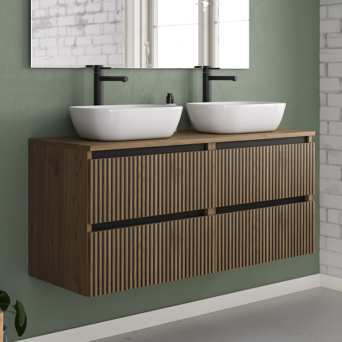 Meuble de salle de bain 140cm avec plateau et 2 vasques à poser arrondies - 4 tiroirs - sans miroir - VENERIA