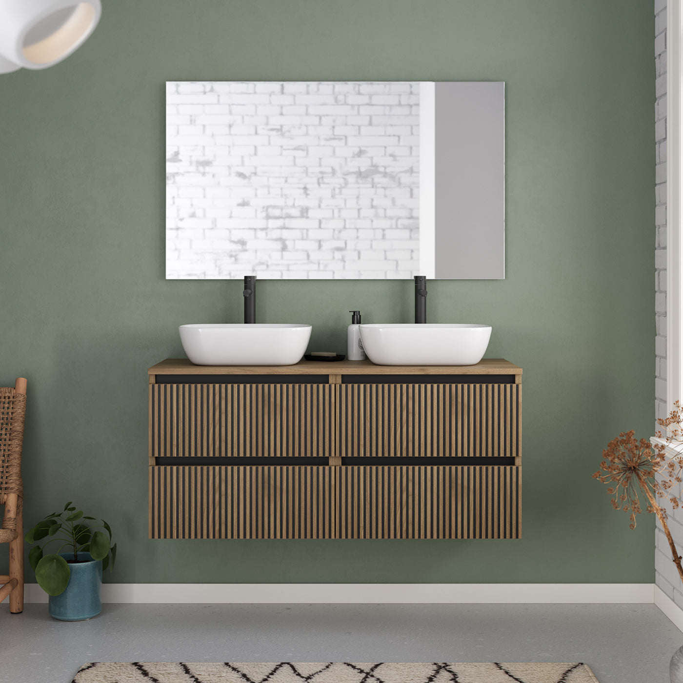 Meuble de salle de bain 140cm avec plateau et 2 vasques à poser arrondies - 4 tiroirs - sans miroir - VENERIA