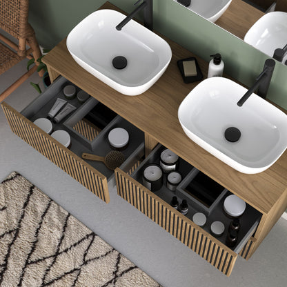 Meuble de salle de bain 140cm avec plateau et 2 vasques à poser arrondies - 4 tiroirs - sans miroir - VENERIA