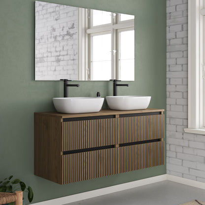 Meuble de salle de bain 140cm avec plateau et 2 vasques à poser arrondies - 4 tiroirs - sans miroir - VENERIA