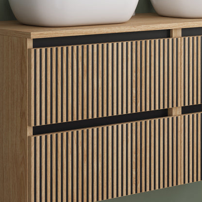 Meuble de salle de bain 140cm avec plateau et 2 vasques à poser arrondies - 4 tiroirs - sans miroir - VENERIA