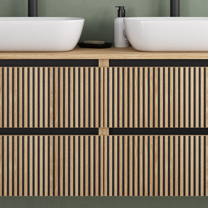 Meuble de salle de bain 140cm avec plateau et 2 vasques à poser arrondies - 4 tiroirs - sans miroir - VENERIA