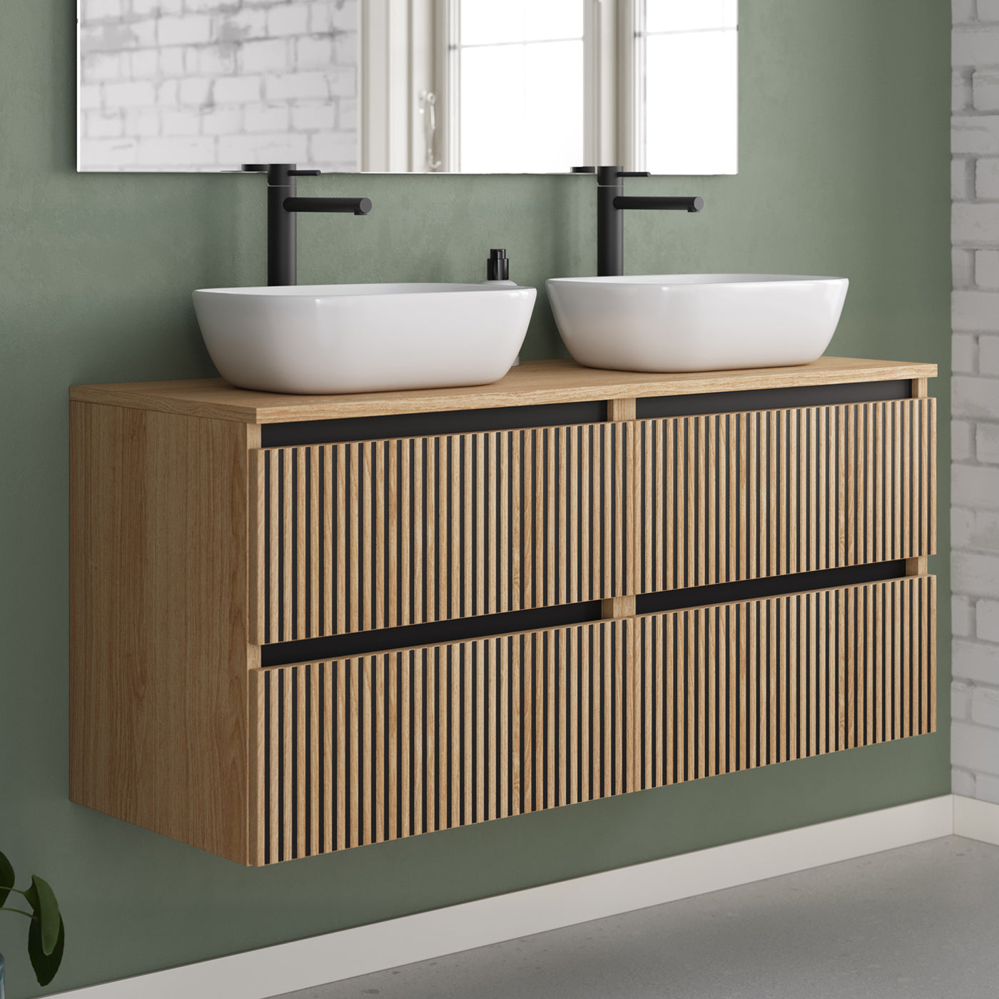 Meuble de salle de bain 140cm avec plateau et 2 vasques à poser arrondies - 4 tiroirs - sans miroir - VENERIA