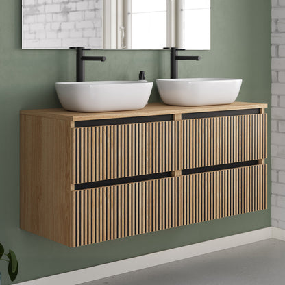 Meuble de salle de bain 140cm avec plateau et 2 vasques à poser arrondies - 4 tiroirs - sans miroir - VENERIA