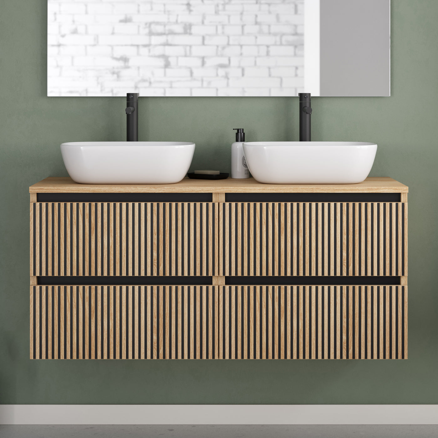 Meuble de salle de bain 140cm avec plateau et 2 vasques à poser arrondies - 4 tiroirs - sans miroir - VENERIA