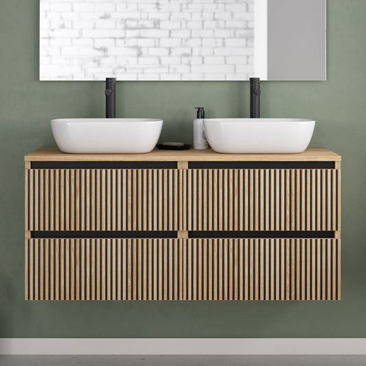 Meuble de salle de bain 140cm avec plateau et 2 vasques à poser arrondies - 4 tiroirs - sans miroir - VENERIA