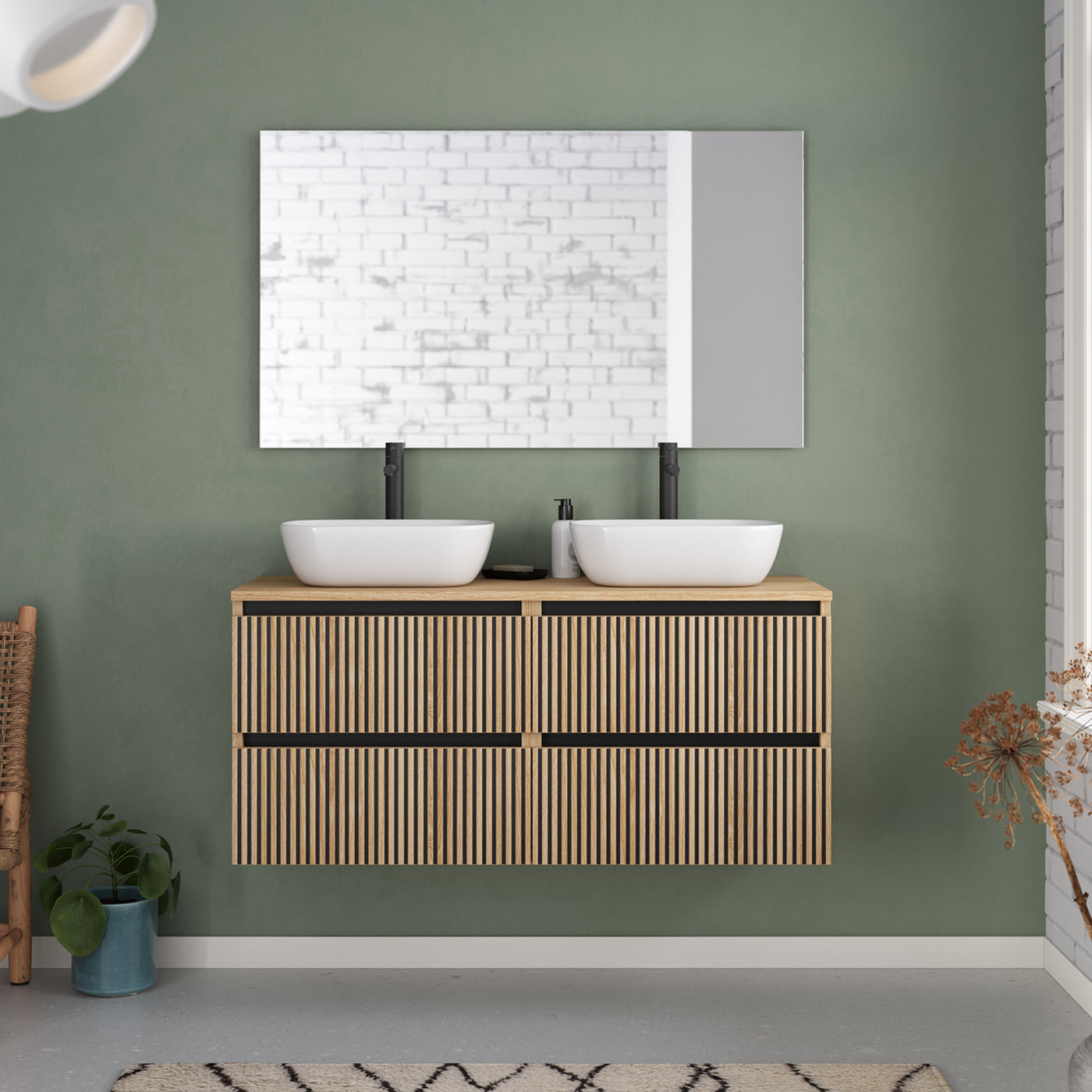 Meuble de salle de bain 140cm avec plateau et 2 vasques à poser arrondies - 4 tiroirs - sans miroir - VENERIA