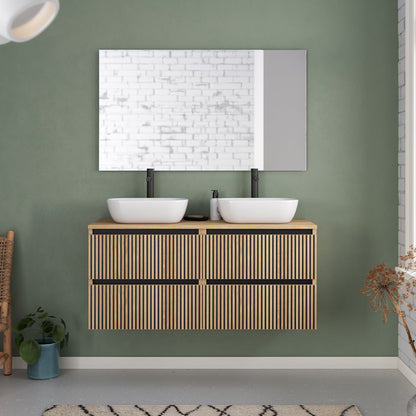 Meuble de salle de bain 140cm avec plateau et 2 vasques à poser arrondies - 4 tiroirs - sans miroir - VENERIA