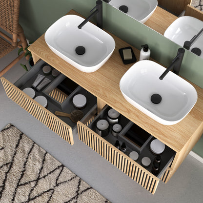 Meuble de salle de bain 140cm avec plateau et 2 vasques à poser arrondies - 4 tiroirs - sans miroir - VENERIA