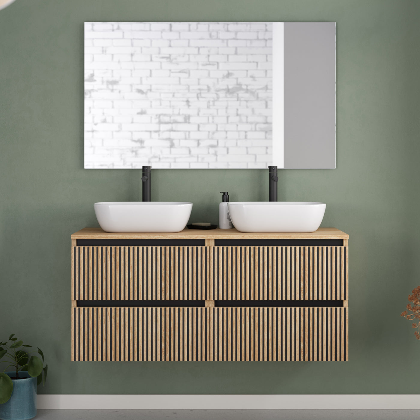 Meuble de salle de bain 140cm avec plateau et 2 vasques à poser arrondies - 4 tiroirs - sans miroir - VENERIA