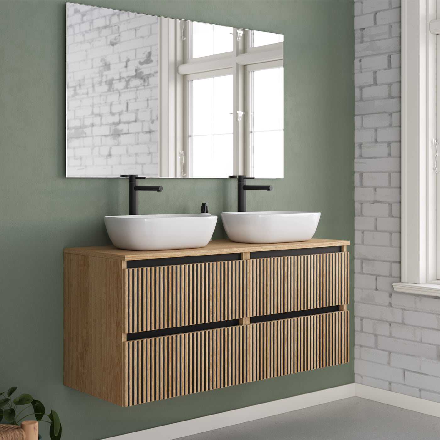 Meuble de salle de bain 140cm avec plateau et 2 vasques à poser arrondies - 4 tiroirs - sans miroir - VENERIA