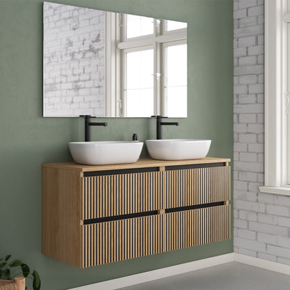 Meuble de salle de bain 140cm avec plateau et 2 vasques à poser arrondies - 4 tiroirs - sans miroir - VENERIA