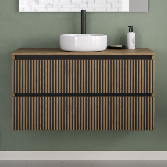 Meuble de salle de bain 100cm avec plateau et vasque à poser ronde - 2 tiroirs - sans miroir - VENERIA