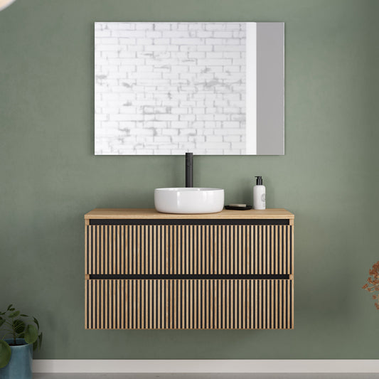 Meuble de salle de bain 100cm avec plateau et vasque à poser ronde - 2 tiroirs - VENERIA