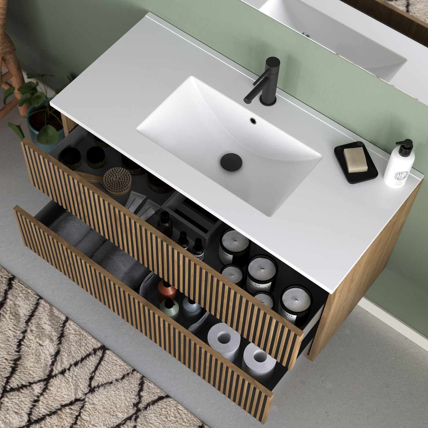 Meuble de salle de bain 100cm simple vasque - 2 tiroirs - VENERIA
