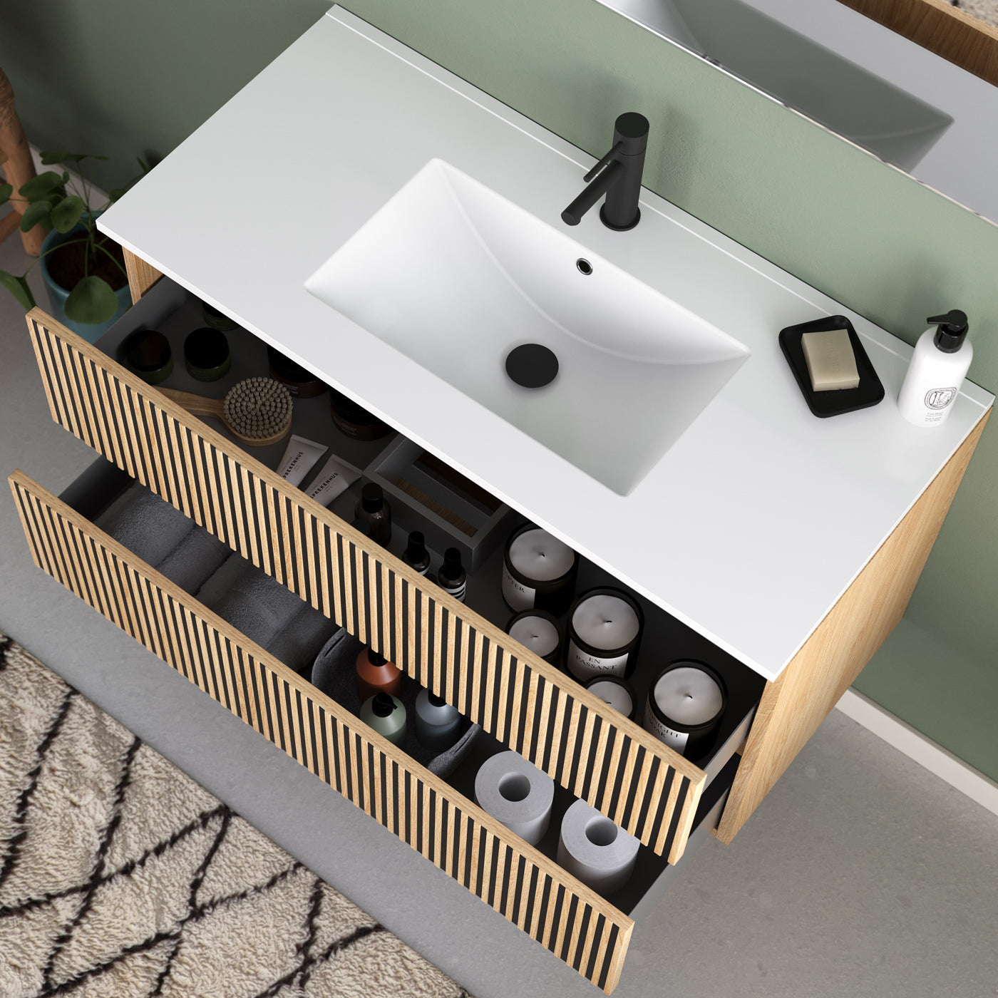 Meuble de salle de bain 100cm simple vasque - 2 tiroirs - VENERIA