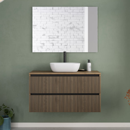 Meuble de salle de bain 100cm avec plateau et vasque à poser arrondie - 2 tiroirs - VENERIA